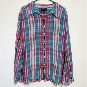 Foxcroft Wrinkle Free Shaped Fit Colorful Plaid Button Up Shirt 24W Office
